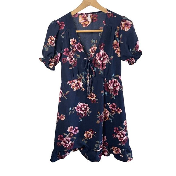 Xhilaration Navy Floral V Neck Faux Wrap Ruffle Hem Knee Length Dress Sz XS - Picture 1 of 11